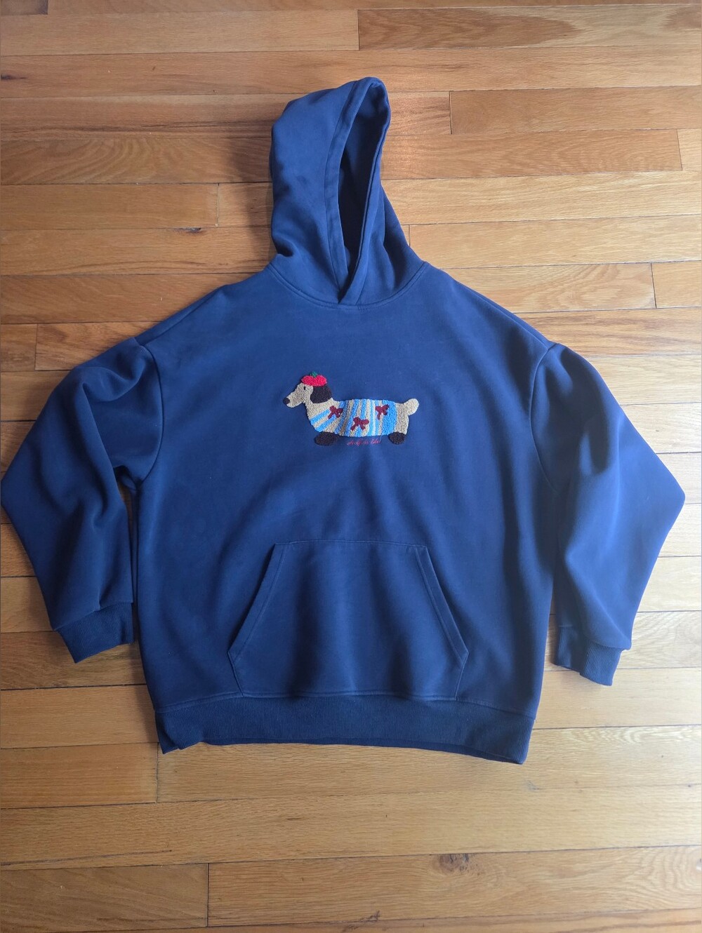Aelfric Eden Navy Blue Hoodie with Embroidered Dachshund Patch Size Med.